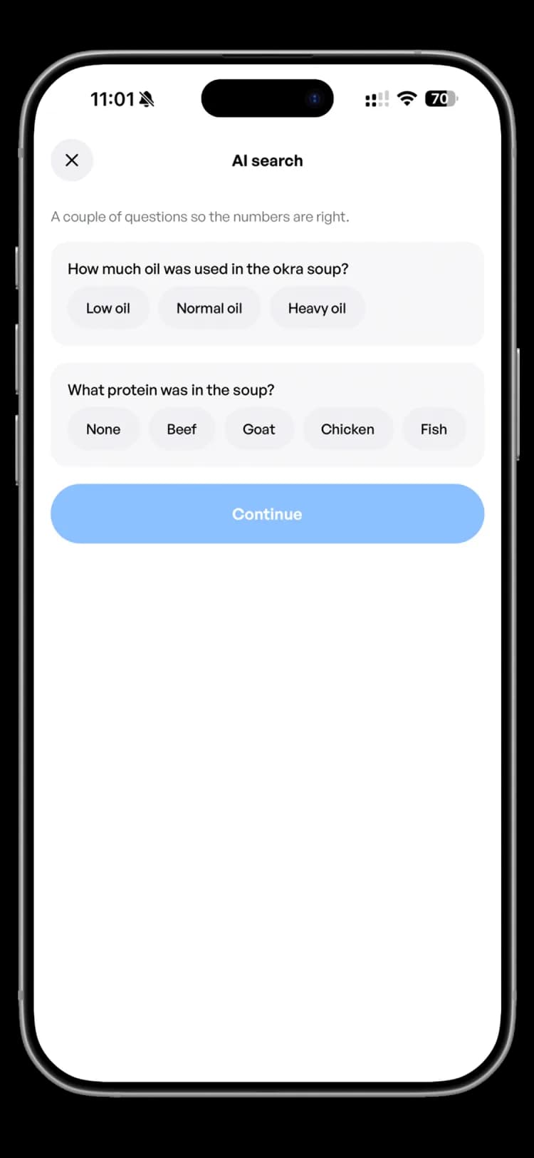 AI search asking how much oil was used in the okra soup and which protein it had