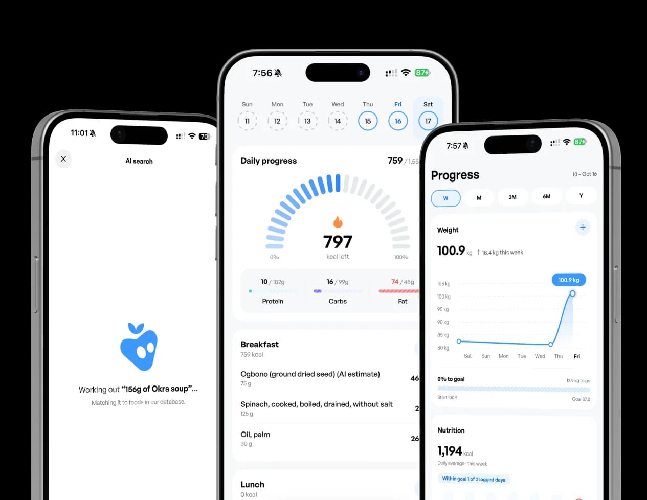 TrackMyCalorie screens: AI search, the home screen's daily calorie gauge, and weight progress
