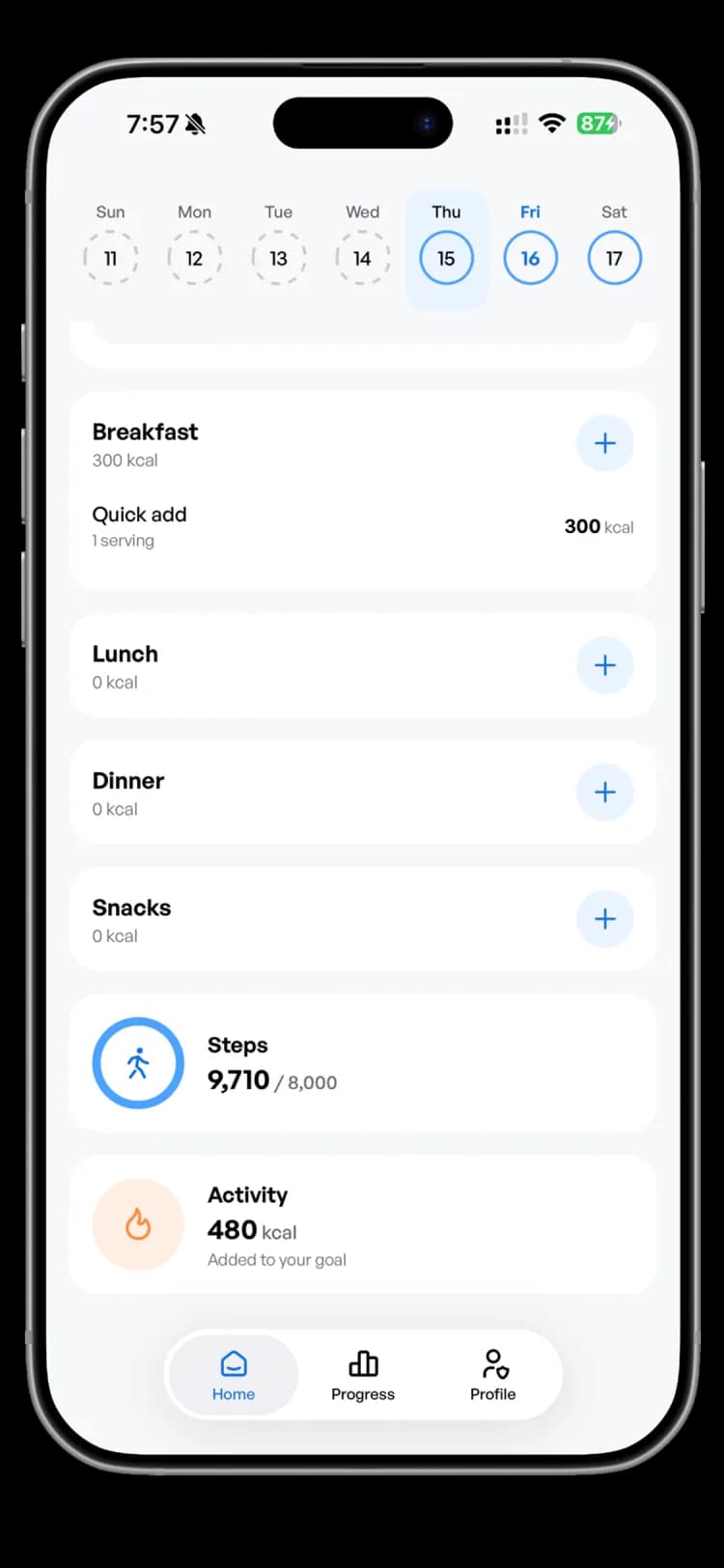 Home screen showing 9,710 of 8,000 steps and 480 kcal of activity added to the goal