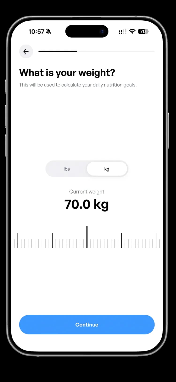 Onboarding step asking for your current weight, set to 70.0 kg on a ruler picker